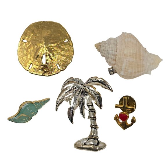 Unsigned Jewelry - Vintage Nautical Beach Brooch Pin Set Lot Palm Tree Pendant Seashell Sand Dollar